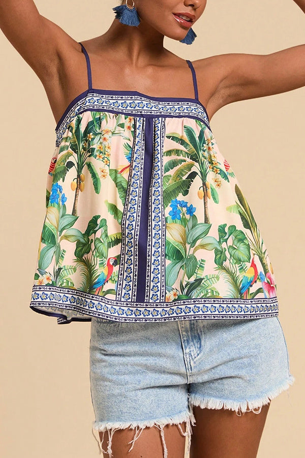 Tropical Print Casual Halter Backless Loose Top