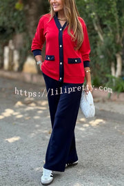 Stylish Color-blocked V-neck Knitted Button-down Cardigan and Elastic Waist Casual Wide-leg Pants Set