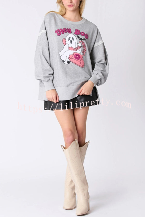 Halloween Cartoon Ghost Sequin Loose Casual Sweatshirt