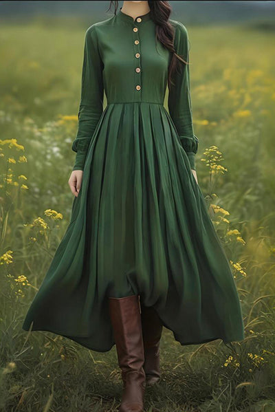 Linen Blend Vintage Long-sleeved Button-down Holiday Midi Dress