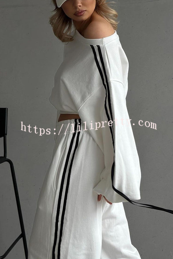 Contrast Color Webbing Casual Sweatshirt and Elastic Waist Tie Loose Pants Set