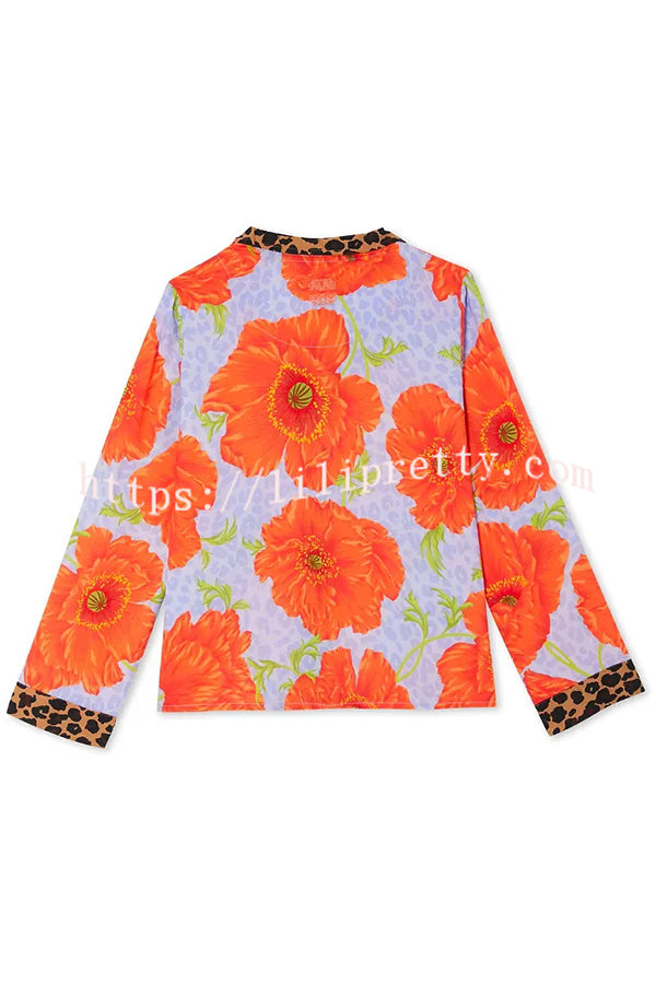 Color-block Poppy Leopard Print Trim Loose Shirt and Elastic Waist Pocketed Pajama Set