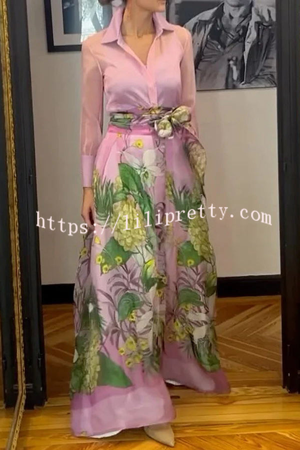 Seeds of Happiness Tulle Floral Print Elastic Waist Belt Pocketed Maxi Skirt