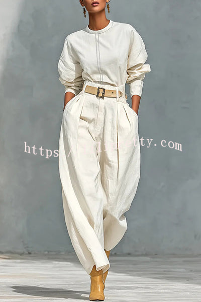 Fashionable Round Neck Long-sleeved Casual Top and High Waist Pocket Loose Wide-leg Pants Set
