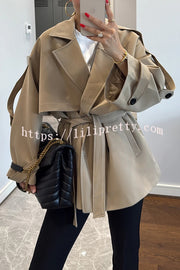 Modern Urban Dropped Shoulder Strap Button Detail Belted Lapel Loose Trench Coat
