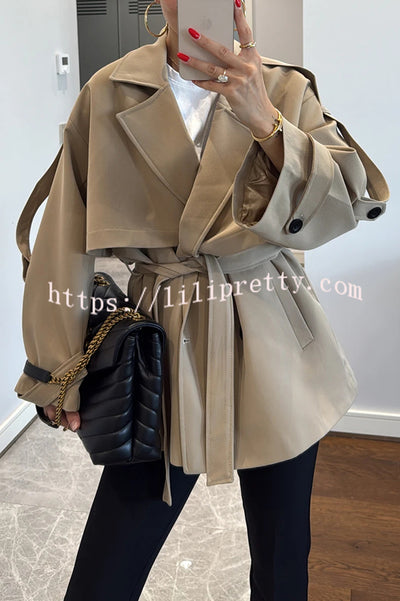 Modern Urban Dropped Shoulder Strap Button Detail Belted Lapel Loose Trench Coat