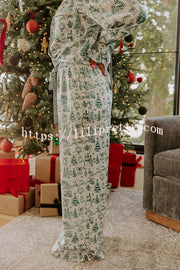 Christmas Night Satin Loose Shirt and Elastic Waist Pocketed Pajama Set
