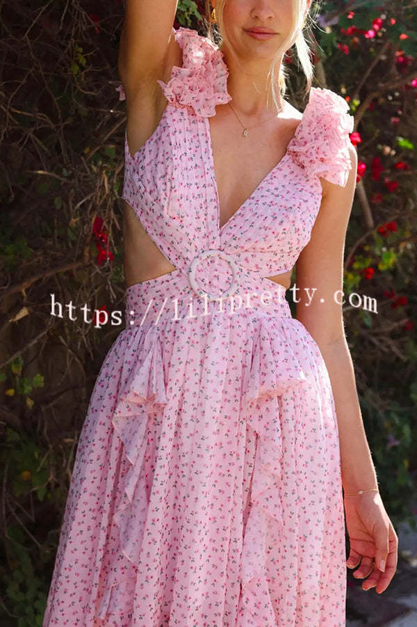 Wedding Dreams Chiffon Printed Flutter Sleeve Cutout Back Lace-up Maxi Dress