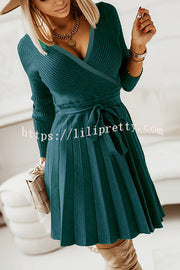 Lilipretty Pioe V Neck Pleated Knit Lace Up Mini Dress