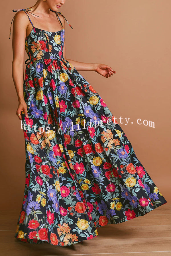 Garden Wedding Floral Print Back Tie-up Pocketed Slit Maxi Dress