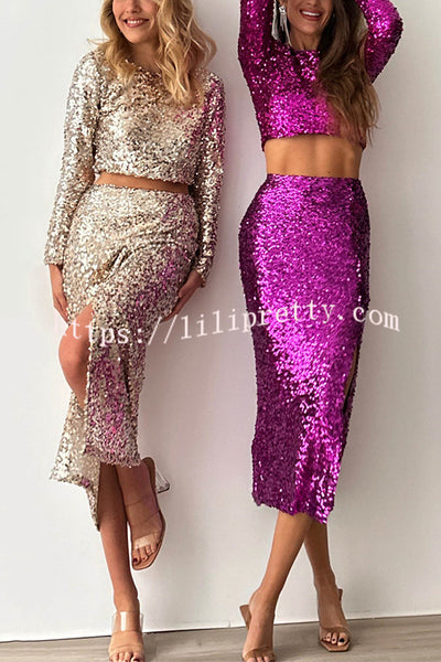 Solid Sequined Long-sleeved Crop Top and Sexy Slit Midi Skirt Set