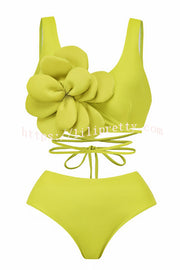 Solid Color Large Flower Decoration High Waist Elastic Two Piece Bikini Swimsuit