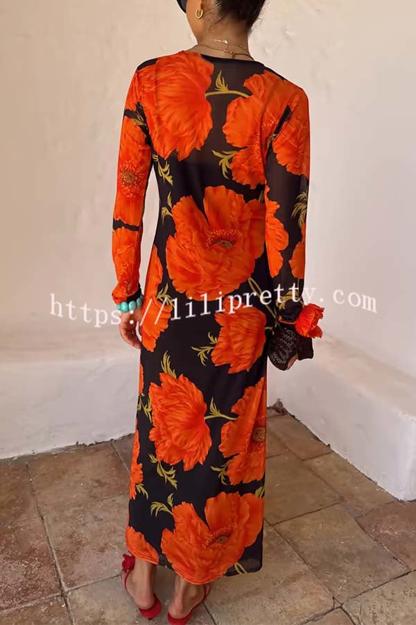 Perfect Cross-season Mesh Poppy Flower Print Long Sleeve Stretch Maxi Dress