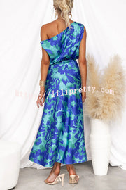 Satin Unique Print One Shoulder Tie Waist Slit Maxi Dress