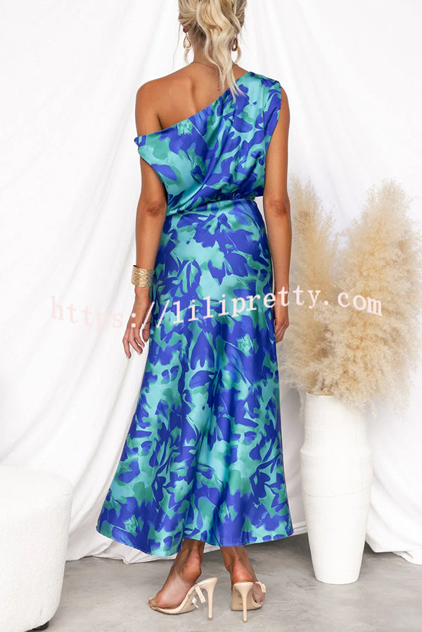 Satin Unique Print One Shoulder Tie Waist Slit Maxi Dress