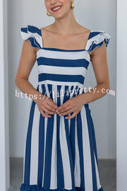 Striped Printed Square Neck Backless Gathered Midi Dress