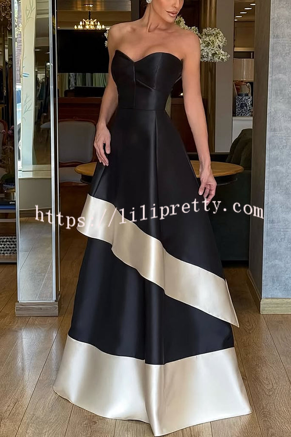 Vivian Satin Contrast Color Sweetheart Bandeau Neck Pocket Layered Maxi Dress