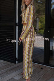 Tamia Knit Colorful Wave Unique Print Crop Top and Stretch Wide Leg Pants Set