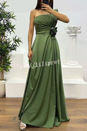 Nasha Satin Pleated One Shoulder Petal Gemstone Detail Pocket Slit Maxi Dress