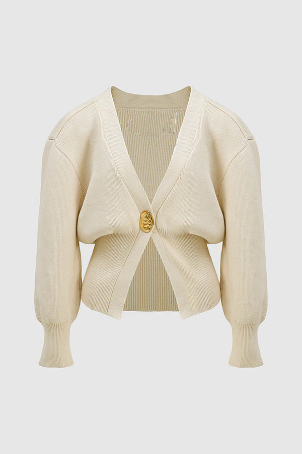 Only Yours Knit Metal Leaf Shape Button Lantern Sleeve Relaxed Cardigan