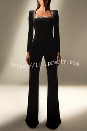 Classic Charm Velvet Jewel Embellished Trim Long Sleeve Flare Jumpsuit