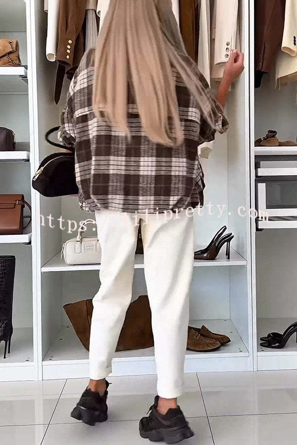 Fashion Plaid Print Lapel Long Sleeve Loose Zipper Jacket