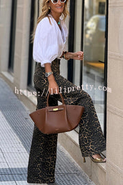 Wild Feel Denim Leopard Print High Rise Wide Leg Pocketed Jeans