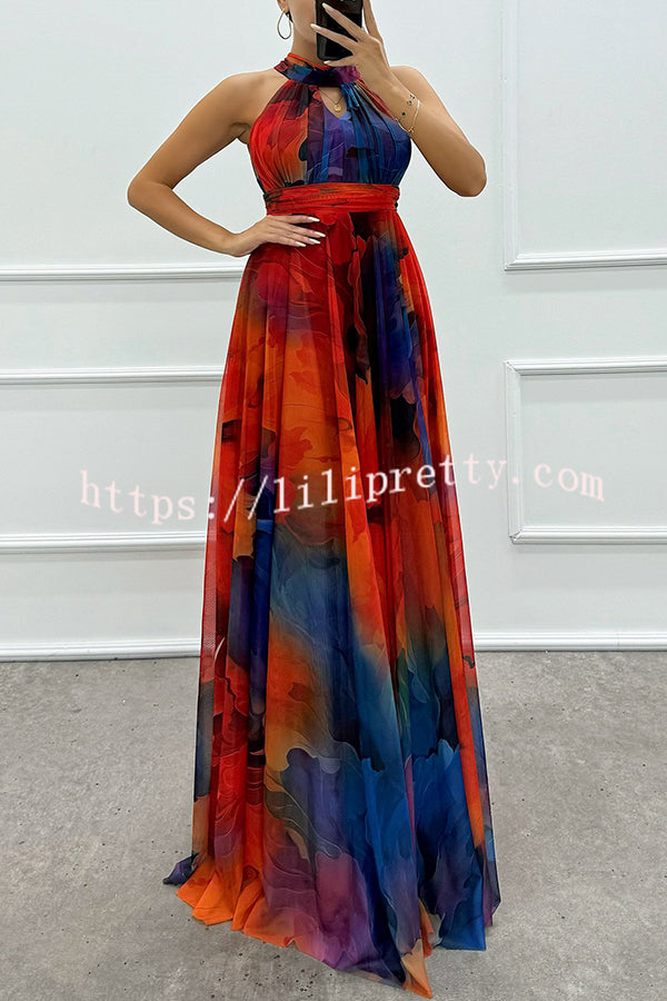 Elaine Tulle Floral Splash Print Cutout Halter Tie-up Neck Gown Maxi Dress