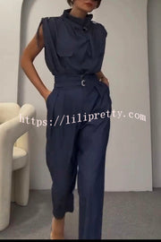 Lilipretty® Statement Breast Pocket High Neck Top and Side Pocket Belt Long Pant Set