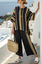 Striped Print Crew Neck Loose Top and Elastic Waist Casual Wide Leg Pants
