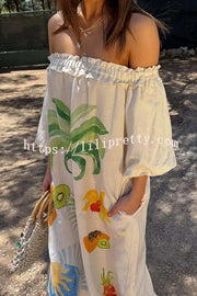 Sunveil Linen Blend Unique Print Puff Sleeve Pocket Strapless Maxi Dress