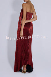 Party Time Pleated Metallic Fabric Off Shoulder Irregular Hem A-line Maxi Dress