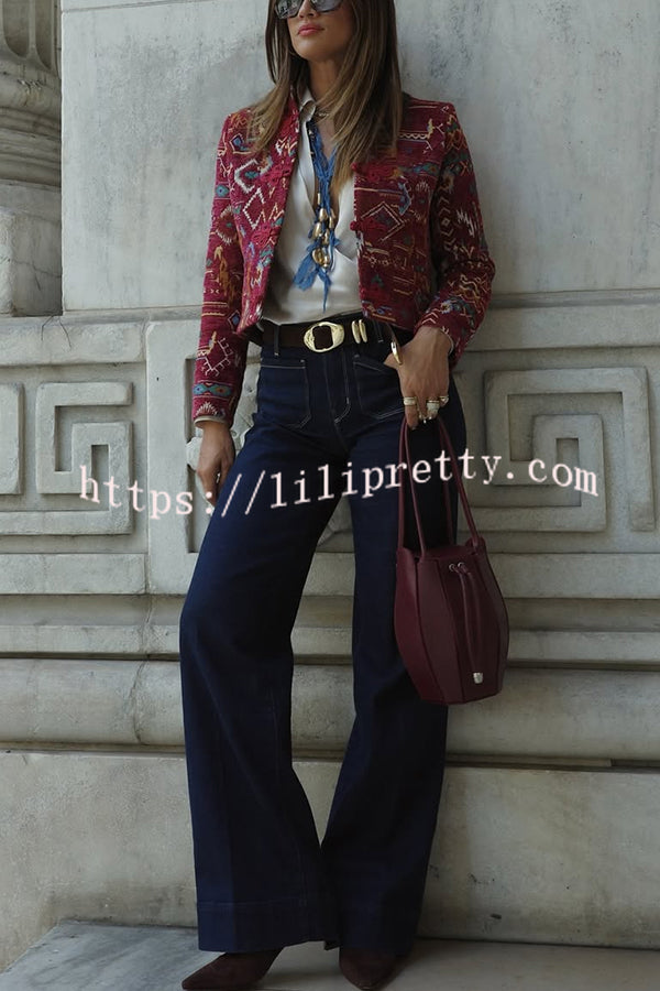 Vintage Bohemian Printed Chinese Style Buttons Long Sleeve Crop Jacket