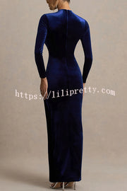 Wishes Velvet High Neck Long Sleeve Ruched Waist Wrap Slit Stretch Maxi Dress