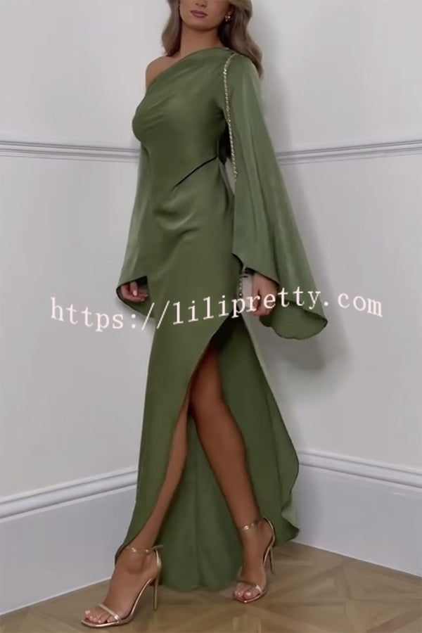 Zayla Satin Asymmetrical One Shoulder Bell Sleeve Slit Maxi Dress