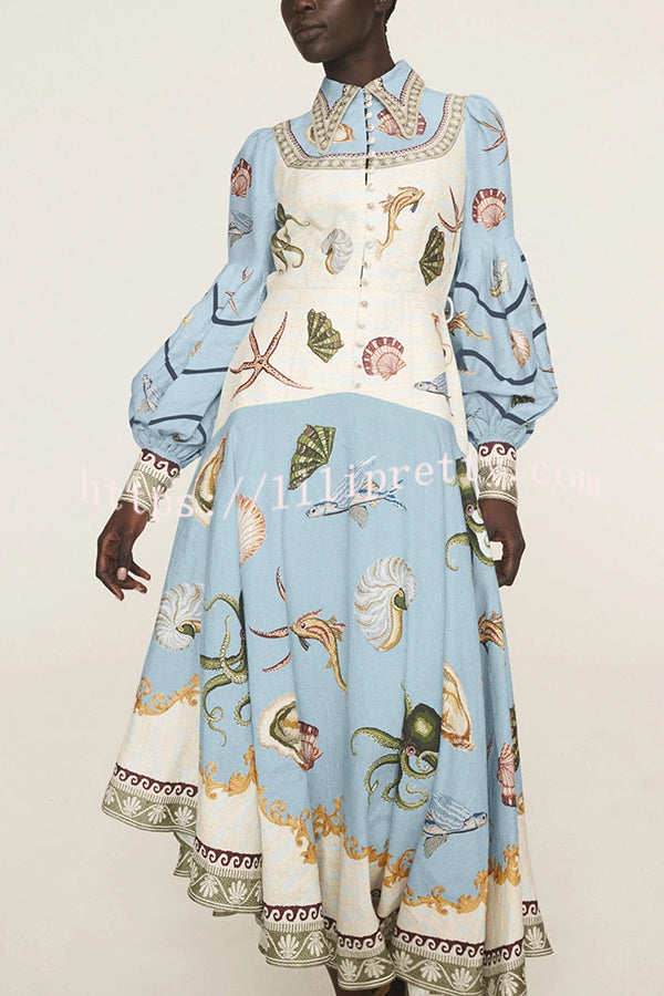 Ocean Print Lapel Button Waist Tie Resort Maxi Dress