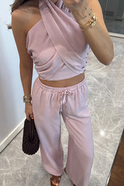 Noellie Cross Halter Neck Smocked Tank and Elastic Waist Pocketed Wide Leg Pants Set