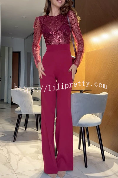 Seleia Tulle Sequin Patchwork Long Sleeve Wide Leg Stretch Jumpsuit