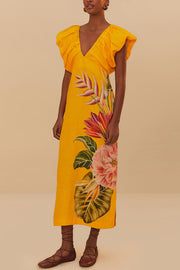 Plant Print V-neck Open Back Holiday Style Slit Midi Dress