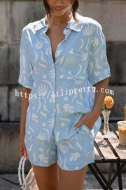 Lilipretty Freedom and Comfort Printed Button Up Blouse and Elastic Waist Pocketed Shorts Set