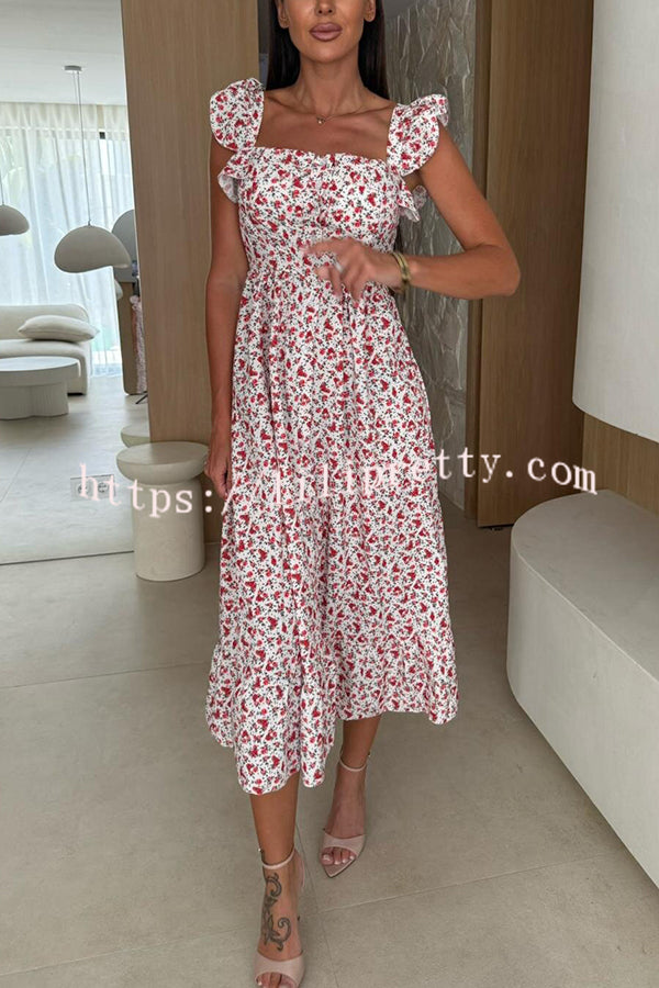 Floral Print Square Neck Pleated Back Midi Dress