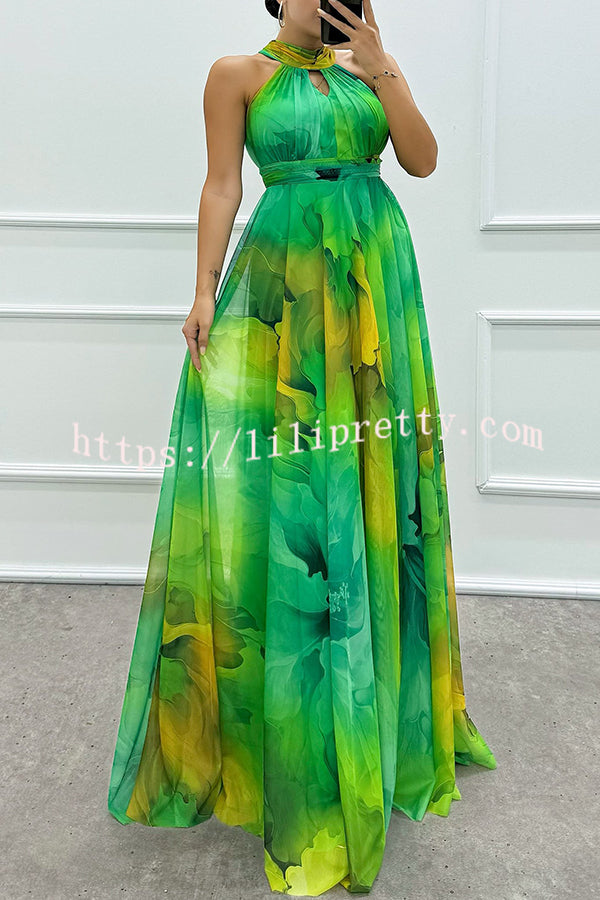 Elaine Tulle Floral Splash Print Cutout Halter Tie-up Neck Gown Maxi Dress