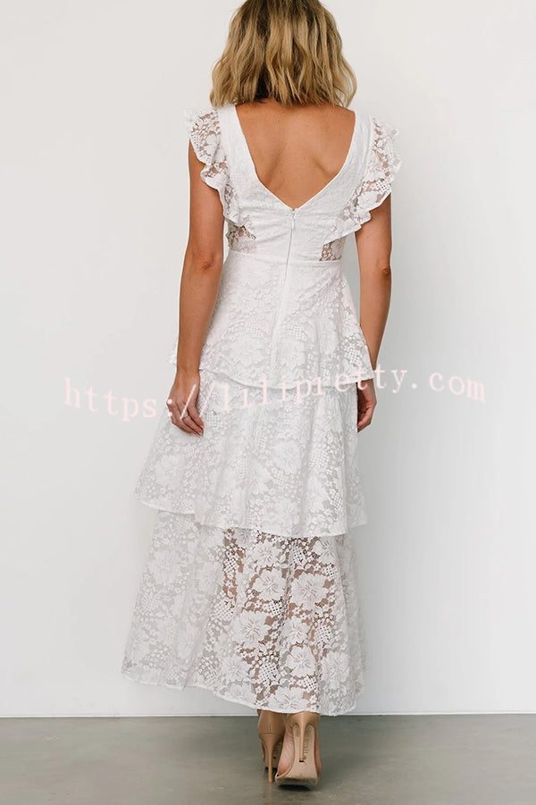 Solid V-neck Ruffled Sleeves Cinched Waist Maxi Dress