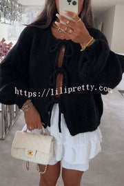 Solid Color Long-sleeved V-neck Lace-up Loose Knitted Sweater
