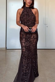 Twilight Gleam Sequin Textured Tulle Hem Halter Backless Maxi Dress