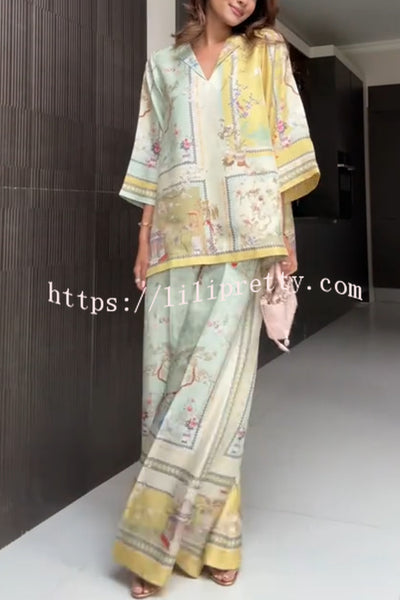 Elonie Satin Floral Print V-neck Half Sleeve Top and Elastic Waist Wide Leg Pants Set
