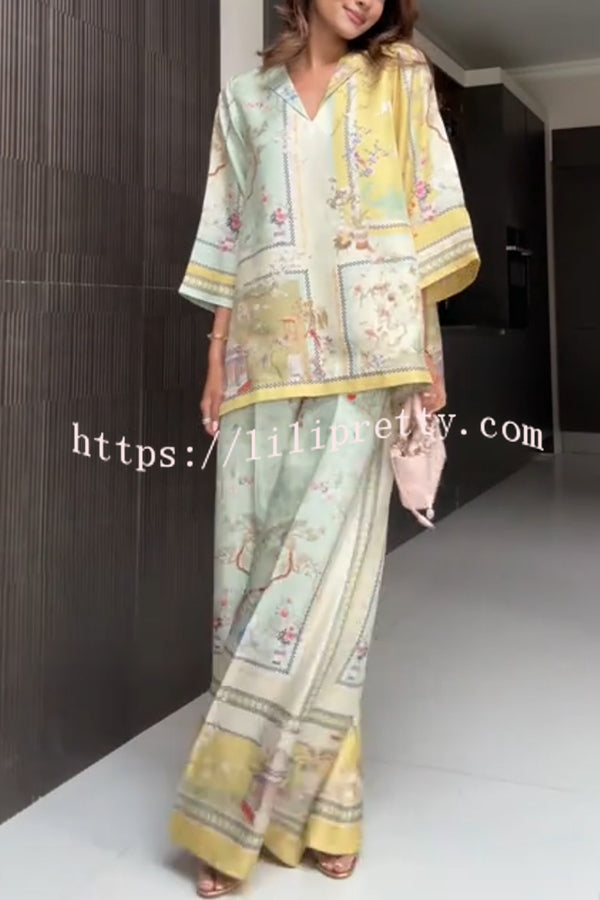 Elonie Satin Floral Print V-neck Half Sleeve Top and Elastic Waist Wide Leg Pants Set