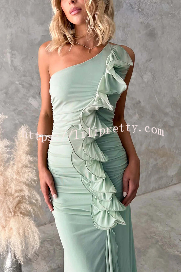 Fashion One-shoulder Pleated Sexy High Slit Slim Dress