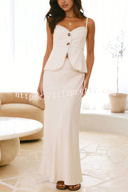 Solid Color Halter Button-Down Top and Elegant Fitted Maxi Skirt Set