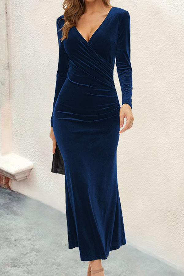 Solid Color Velvet Long Sleeve V-neck Slim Fit Fishtail Maxi Dress